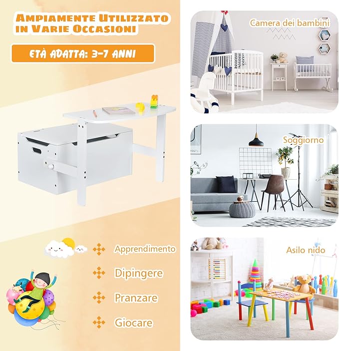 Cassapanca Contenitore 3 in 1 per Bambini Trasformabile in Legno con Scatola dei Giocattoli, Tavolo bambini con Sedie Multifunzione per 3-7 Anni (Bianco)