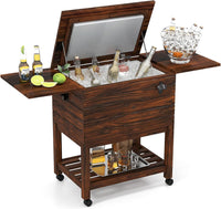 Carrello Porta Ghiaccio in Legno, Carrello Refrigerante per Bevande da 51 L con Ripiani, Ruote Universali Bloccabili e Apribottiglie, Frigorifero Portavivande per Feste, Piscina e Terrazza