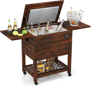 Carrello Porta Ghiaccio in Legno, Carrello Refrigerante per Bevande da 51 L con Ripiani, Ruote Universali Bloccabili e Apribottiglie, Frigorifero Portavivande per Feste, Piscina e Terrazza