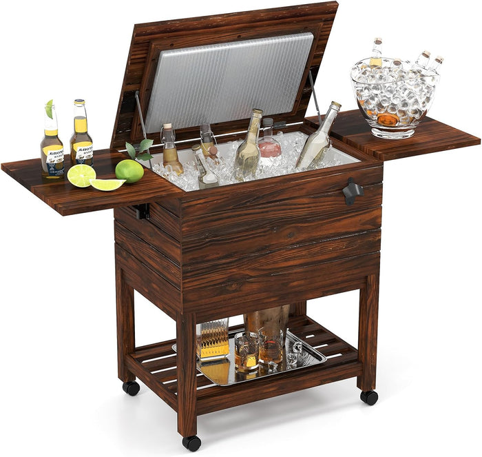 Carrello Porta Ghiaccio in Legno, Carrello Refrigerante per Bevande da 51 L con Ripiani, Ruote Universali Bloccabili e Apribottiglie, Frigorifero Portavivande per Feste, Piscina e Terrazza