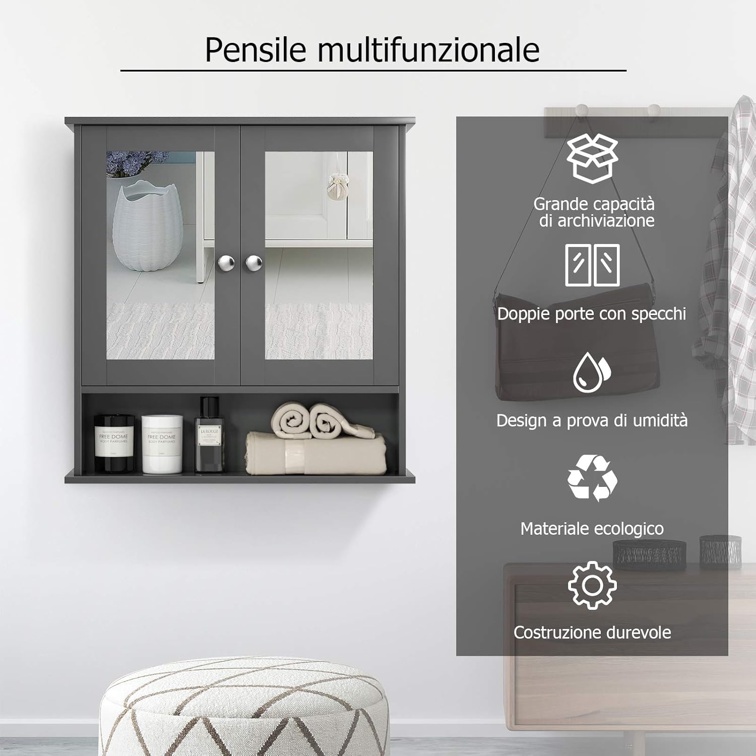 Armadio da Bagno con Ante e Cassetto 43 x 34 x 77cm, Mobile Bagno con Mensola Regolabile e Dispositivo Anti-ribaltamento, Armadietto Elegante per Ufficio, Soggiorno e Camera da Letto, Bianco