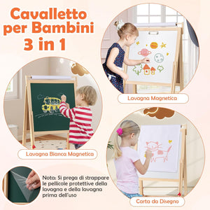 3 in 1 Cavalletto per Bambini, Cavalletto Doppia Faccia Regolabile con Lavagna Magnetica e Bianca, Rotolo di Carta, 4 Bicchieri per Vernice e Vassoio per Stoccaggio, per Bambini 3-10 Anni