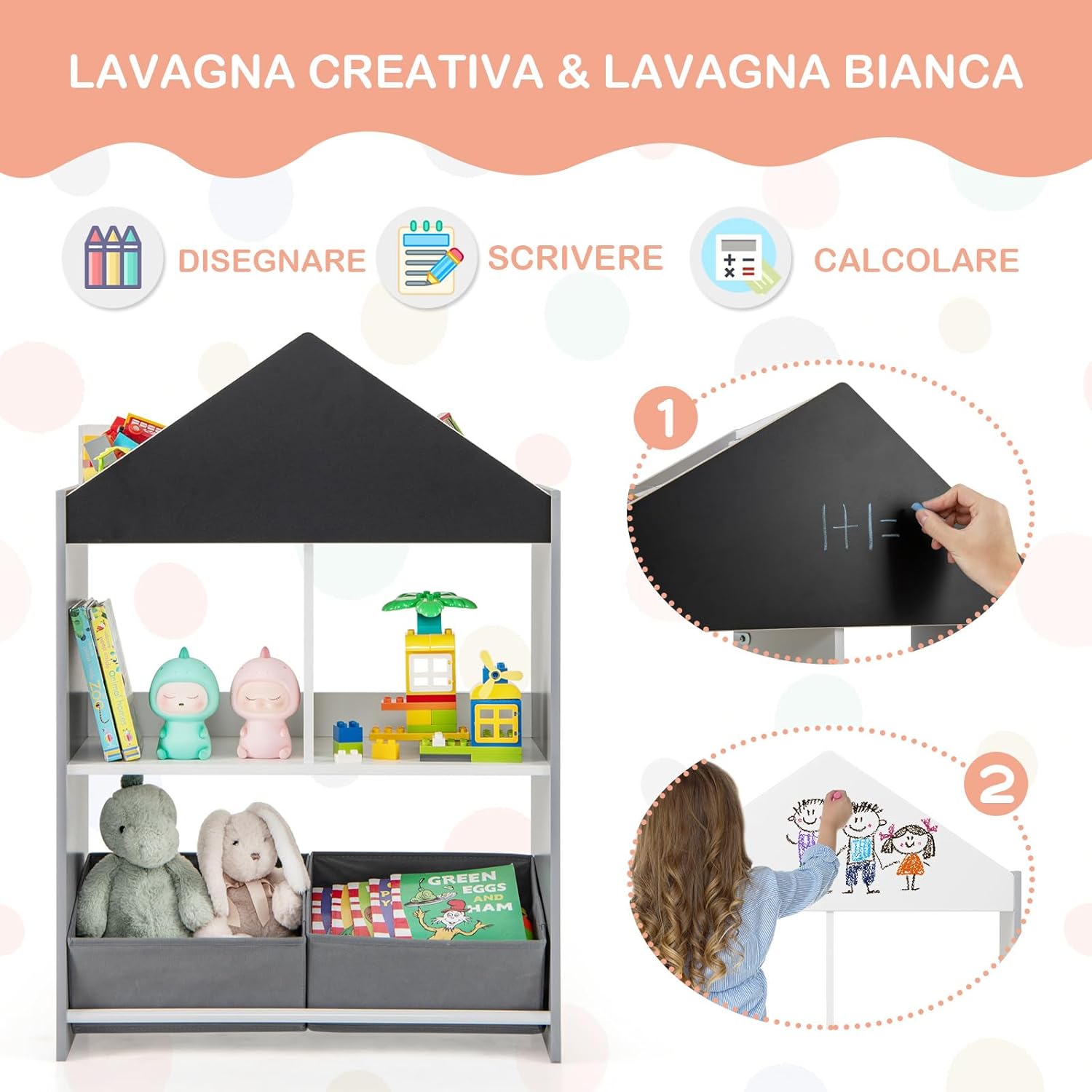 Libreria per Bambini, Organizzatore in Legno a Forma di Casa Bambole, con 2 in 1 Lavagne 4 Scomparti 2 Ripiani e 2 Cassetti, per Stanza Giochi Camera da Letto, 63x27x90 cm (Grigio)