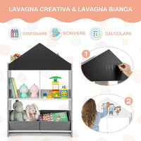 Libreria per Bambini, Organizzatore in Legno a Forma di Casa Bambole, con 2 in 1 Lavagne 4 Scomparti 2 Ripiani e 2 Cassetti, per Stanza Giochi Camera da Letto, 63x27x90 cm (Grigio)