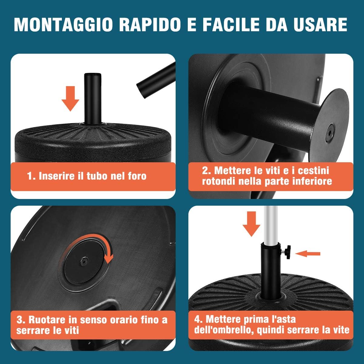 Base per Ombrellone, per Pali da 38-48mm, Base Ombrellone in Plastica e Ferro, 23L, 51x51x13cm, Nero