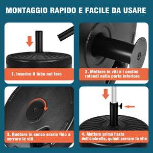 Base per Ombrellone, per Pali da 38-48mm, Base Ombrellone in Plastica e Ferro, 23L, 51x51x13cm, Nero