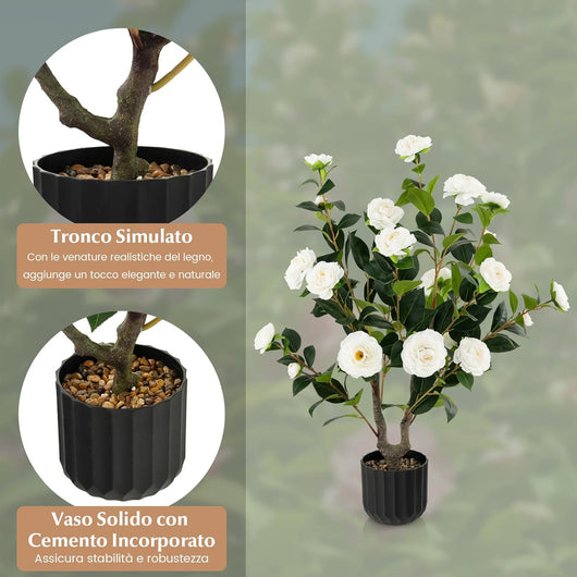 Albero di Camelia Artificiale da 95 cm, Pianta Artificiale con Fiori Finti in Vaso di Cemento, Decorazione per Casa e Ufficio (Bianco)