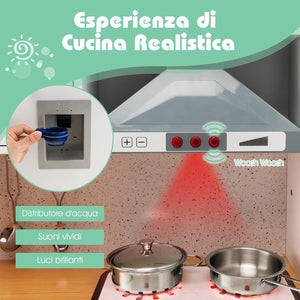 Cucina Giocattolo per Bambini, Cucina Legno per Bambini con Lavatrice, Macchina da Caffè, Forno, Microonde, Lavello e Rubinetto, Funzione Luci e Suoni, per Bambini 3+ Anni
