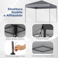 Gazebo Pop-up da Esterno 295 x 295 cm, Gazebo Pieghevole con Borsa da Trasporto, 8 Picchetti, 4 Corde Antivento, 3 Altezze Regolabili, Ideale per Feste, Barbecue, Giardino, Spiaggia (Grigio)