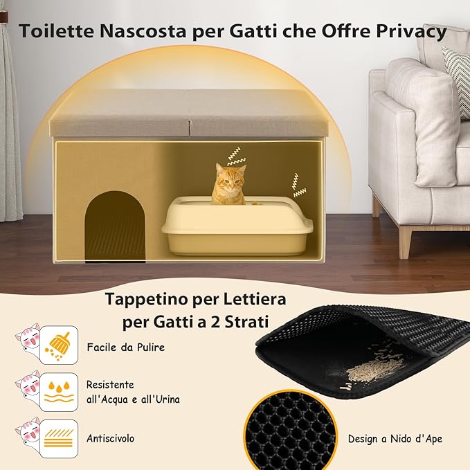 Mobile per Lettiera per Gatti, Panca Portaoggetti con Tappetino Impermeabile e Filtro al Carbone per il Controllo degli Odori e Coperchio Ribaltabile, 90 x 50 x 50 cm(Beige)