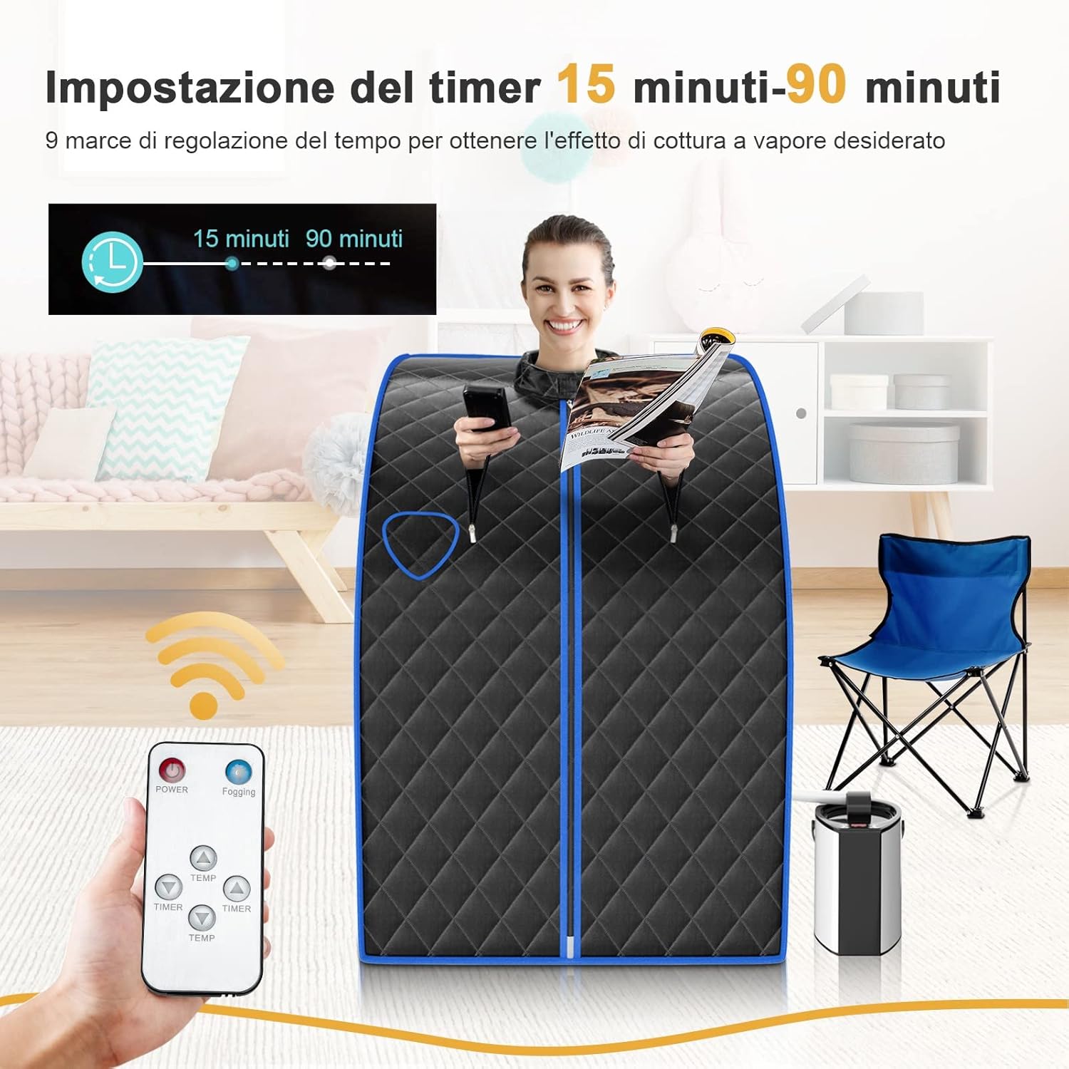 1000 W Sauna a Vapore Portatile con Telecomando, Sauna Domestica Bagno di Vapore con Sedia, Sauna Spa 3L, Funziona Timer 15-90 min (Nero)
