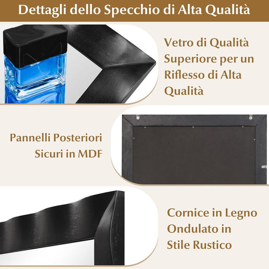 Specchio da Parete 106 x 71,5 cm, Specchio Rettangolare con Cornice in Legno di Gomma, Montaggio Verticale e Orizzontale, per Bagno Soggiorno Ingresso (Nero)