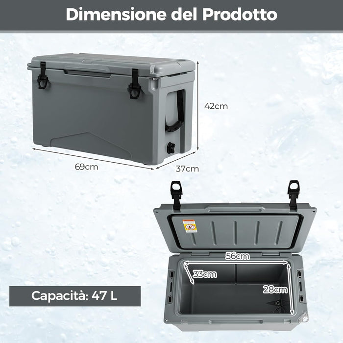 Frigorifero Portatile da 47 Litri, Frigo da Campeggio con Portabicchieri Integrati, Freddo Portatile con Manico, Fino 5-7 Giorni, Regolo e Apribottiglie, per, Campeggio, Picnic, Pesca