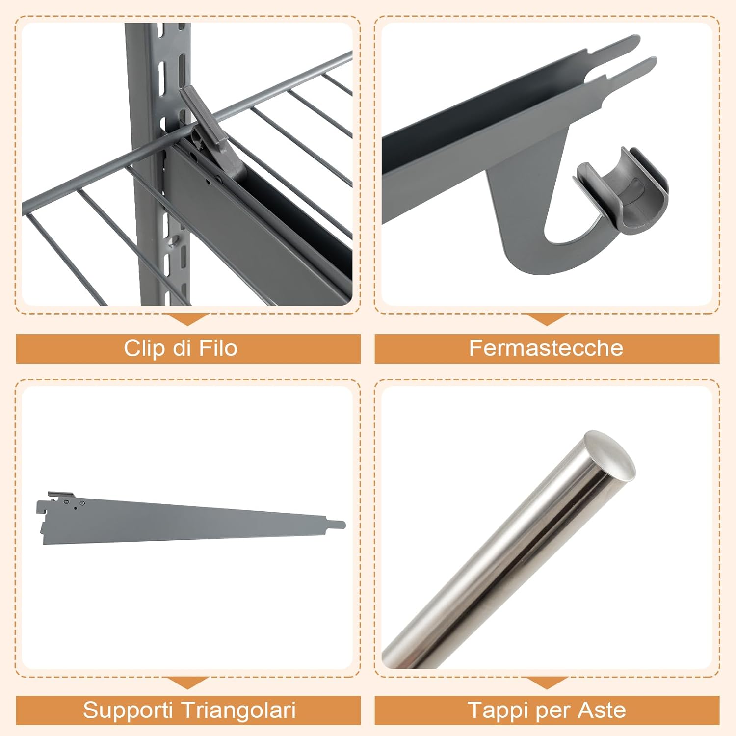 Guardaroba Parete 122-244 CM, Sistema di Organizzazione Regolabile con Asta Pendente, Appendiabiti Metallica, Sistema di Organizzazione e Stoccaggio Armadi per Camera da Letto (Grigio)