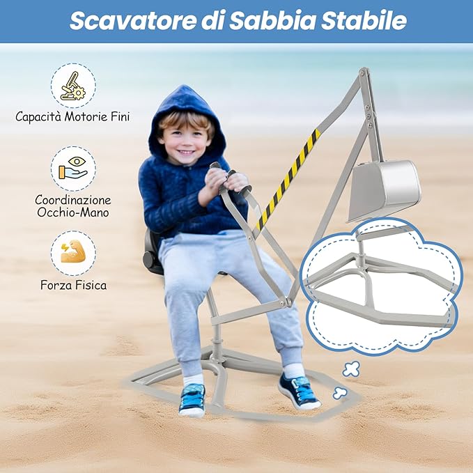 Escavatore per Bambini, Scavatore di Sabbia da Spiaggia con Controlli a 2 Mani e Pala Flessibile, Sedile Girevole a 360°, Escavatore da Costruzione per Esterni, 3 Anni+ (con Base Grigio)
