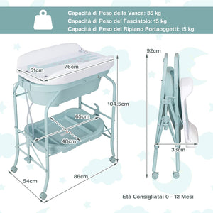 Fasciatoio con Vaschetta per Bambini, Vasca da Bagno per Neonati, Fasciatoio Pieghevole con Materassino, Cestino Portaoggetti, Ruote con Freno, Portata 35kg+15kg (Azzurro)