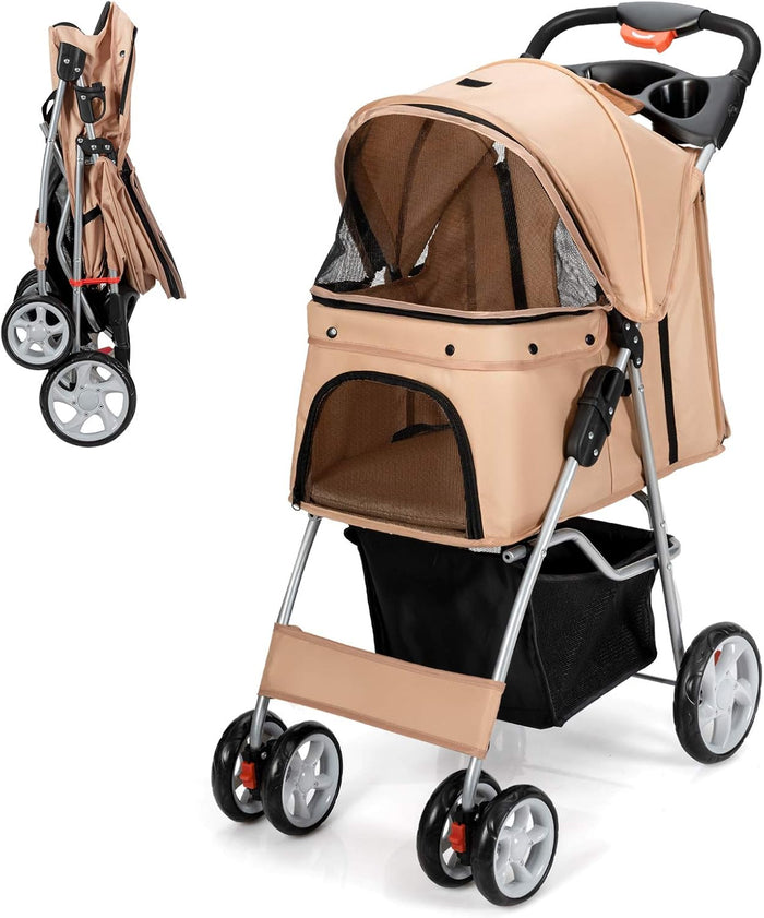 Passeggino per Cani Pieghevole, Carrozzina per Cani a 4 Ruote con Finestra a Rete Porta Bicchiere e Cesto, Passeggino Portatile per Animali Piccola e Media (Beige)