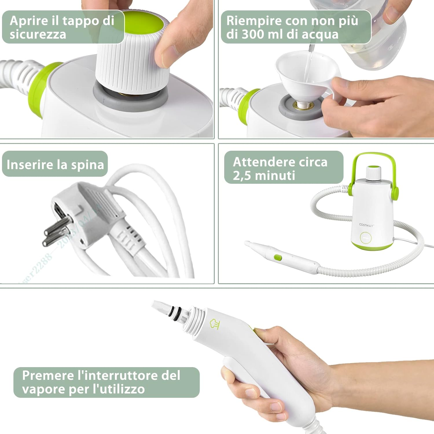 1000W Pulitore a Vapore Multiuso, Macchina a Vapore Portatile con 10 Accessori Serbatoio da 300 ml, Pulizia a Vapore con Tubo Flessibile per Cucina Bagno Finestre (Verde)