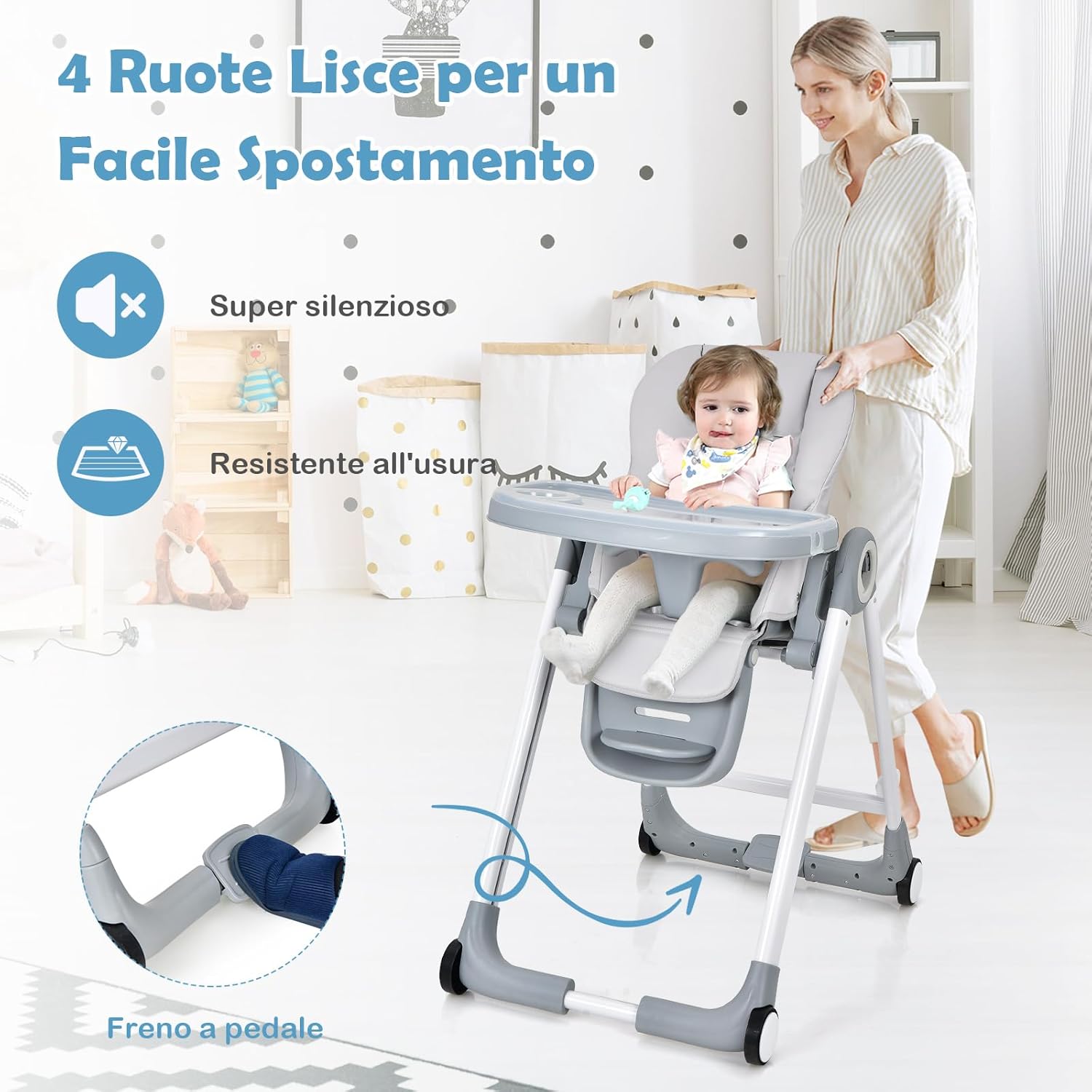 Seggiolone Pappa, Seggiolone Pieghevole con 4 Ruote, Seggiolone per Bambini con Altezza, Schienale e Poggiapiedi Regolabili, Vassoio Rimovibile, per Bambini 6-36 Mesi, Fino a 15 kg