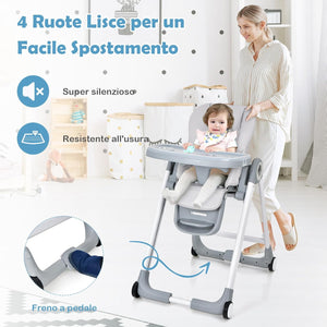 Seggiolone Pappa, Seggiolone Pieghevole con 4 Ruote, Seggiolone per Bambini con Altezza, Schienale e Poggiapiedi Regolabili, Vassoio Rimovibile, per Bambini 6-36 Mesi, Fino a 15 kg
