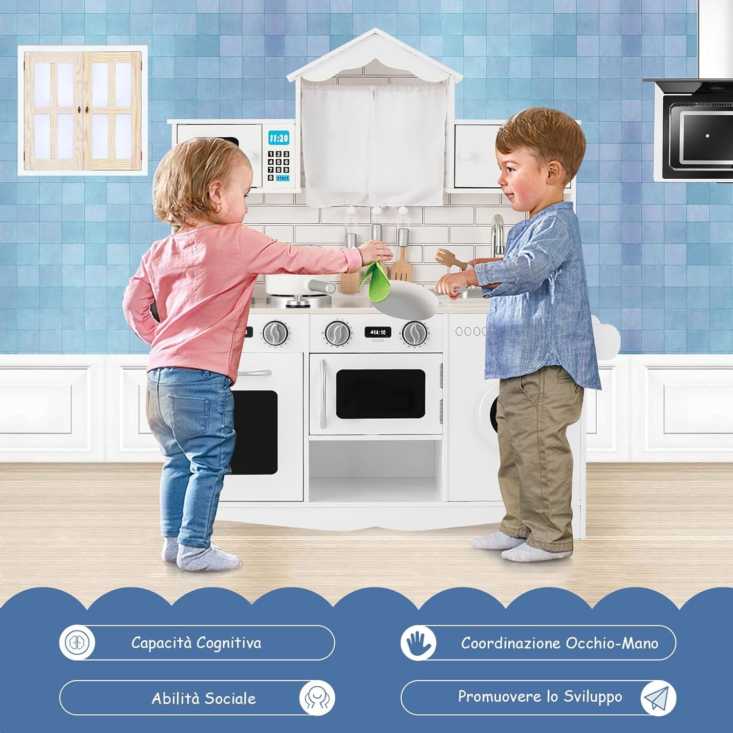 Cucina Giocattolo per Bambini, Cucina Legno per Bambini con Lavatrice, Piano, Cottura Forno e Microonde, 3 Anni+, Bianco