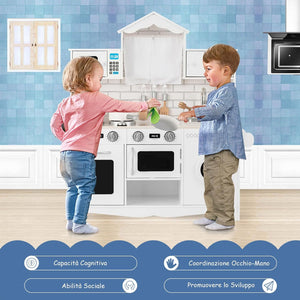 Cucina Giocattolo per Bambini, Cucina Legno per Bambini con Lavatrice, Piano, Cottura Forno e Microonde, 3 Anni+, Bianco