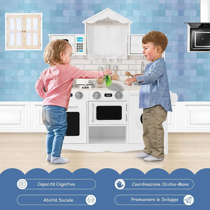 Cucina Giocattolo per Bambini, Cucina Legno per Bambini con Lavatrice, Piano, Cottura Forno e Microonde, 3 Anni+, Bianco