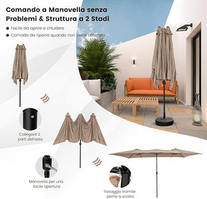 Ombrellone da Giardino Doppia Faccia 426 cm con Manovella, Tetti Ventilati, Grande Ombrellone da Esterno con Palo Metallica e 10 Stecche, per Patio Piscina Giardino (Caffè)