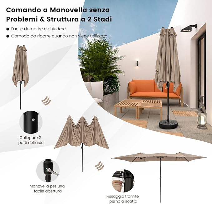 Ombrellone da Giardino Doppia Faccia 426 cm con Manovella, Tetti Ventilati, Grande Ombrellone da Esterno con Palo Metallica e 10 Stecche, per Patio Piscina Giardino (Caffè)