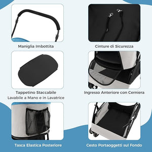 Passeggino per Cani Pieghevole 3 in 1, Carrello per Animali Domestici con Tettuccio Regolabile e Cesto, Trasportino a 4 Ruote per Cani di Piccola e Media Taglia (Azzurro)