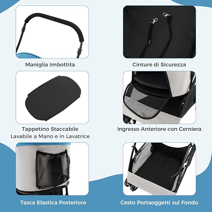 Passeggino per Cani Pieghevole 3 in 1, Carrello per Animali Domestici con Tettuccio Regolabile e Cesto, Trasportino a 4 Ruote per Cani di Piccola e Media Taglia (Azzurro)