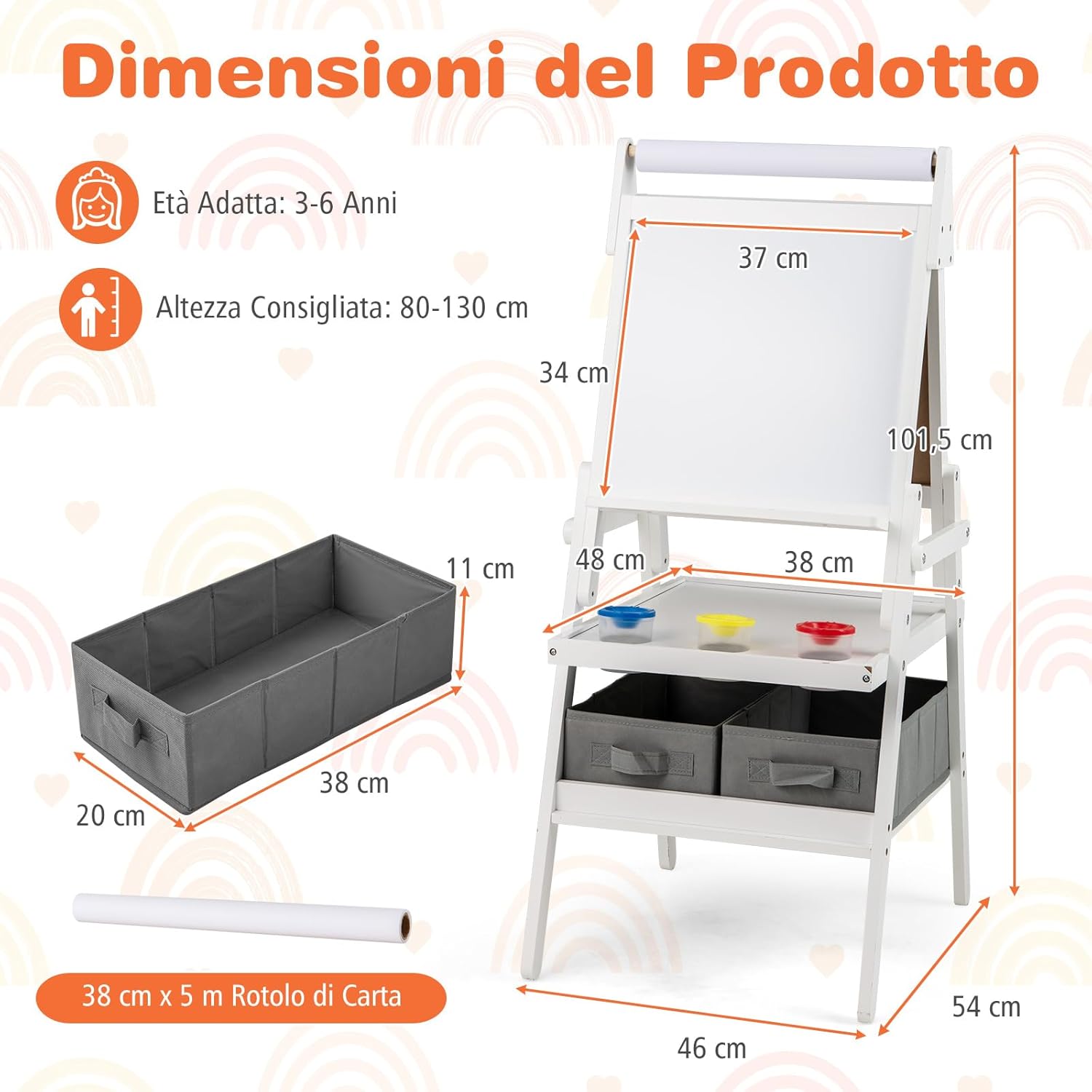 3 in 1 Cavalletto per Bambini, Cavalletto con Doppia Faccia Magnetica e Lavagna Bianca, Rotolo di Carta, 3 Bicchieri per Vernice e 2 Ceste in Tessuto, per Bambini 3-6 Anni (Bianco)