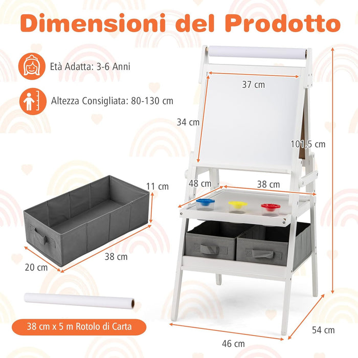 3 in 1 Cavalletto per Bambini, Cavalletto con Doppia Faccia Magnetica e Lavagna Bianca, Rotolo di Carta, 3 Bicchieri per Vernice e 2 Ceste in Tessuto, per Bambini 3-6 Anni (Bianco)