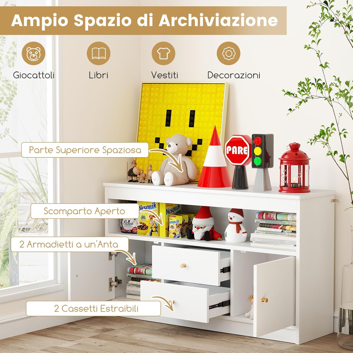 Organizzatore per Giocattoli per Bambini, Scaffale in Legno con Scomparto Aperto 2 Cassetti e 2 Ante, Mobile Multifunzionale per Sala Giochi Camera da Letto Asilo, 106x30x62 cm (Bianco)