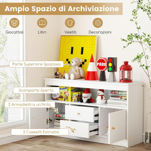 Organizzatore per Giocattoli per Bambini, Scaffale in Legno con Scomparto Aperto 2 Cassetti e 2 Ante, Mobile Multifunzionale per Sala Giochi Camera da Letto Asilo, 106x30x62 cm (Bianco)
