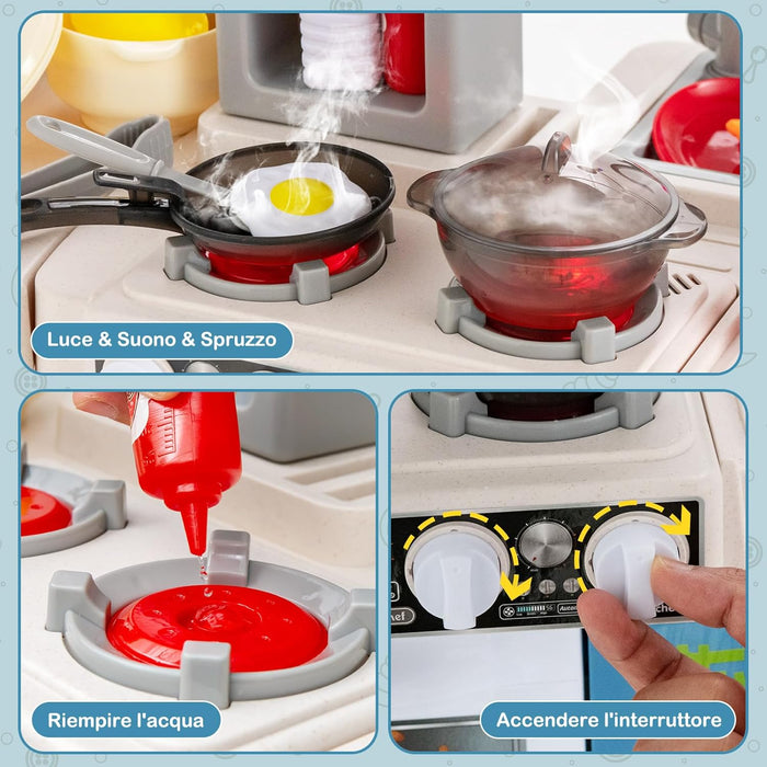 Cucina Giocattolo con Set di Accessori Cibo e Utensili, Cucina per Bambini con Suoni e Luci, Lavandino, Rubinetto, Scaffali, Forni e Fornelli, per Bambini 3+ Anni (Blu)