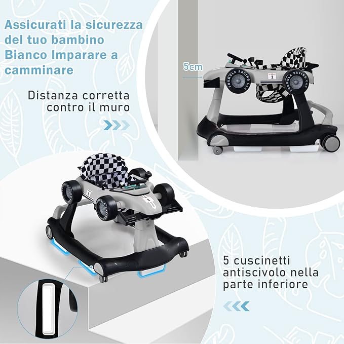 Girello per Bambini 4 in 1, Girello Pieghevole con Altezza e Velocità Regolabili, Carillon con Luci, Volante, Primi Passi per Bambini 6-18 Mesi, Portata 15 kg (Grigio)