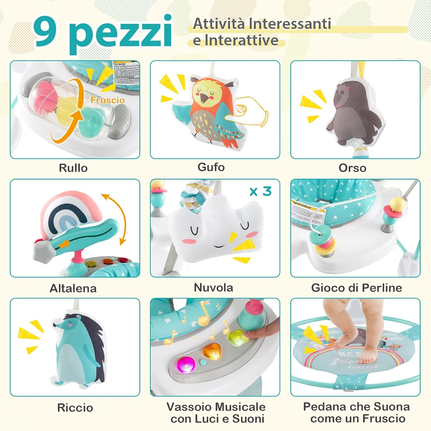 Jumperoo per Bambini, Centro attività Saltella con Altezza Regolabile, Gioco Saltellante con Sedile Girevole a 360°, Saltarello per Neonati con Luci e Suoni per Bambini 6+ Mesi (Blu)