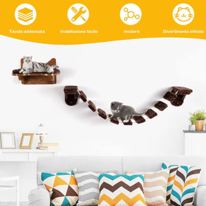 Scaletta per Gatti Montata al Muro, Letto di Legno per Gatti con Scaletta, Durevole e Stabile, Centro Attività da Interno per Gatti, Facile da Montare