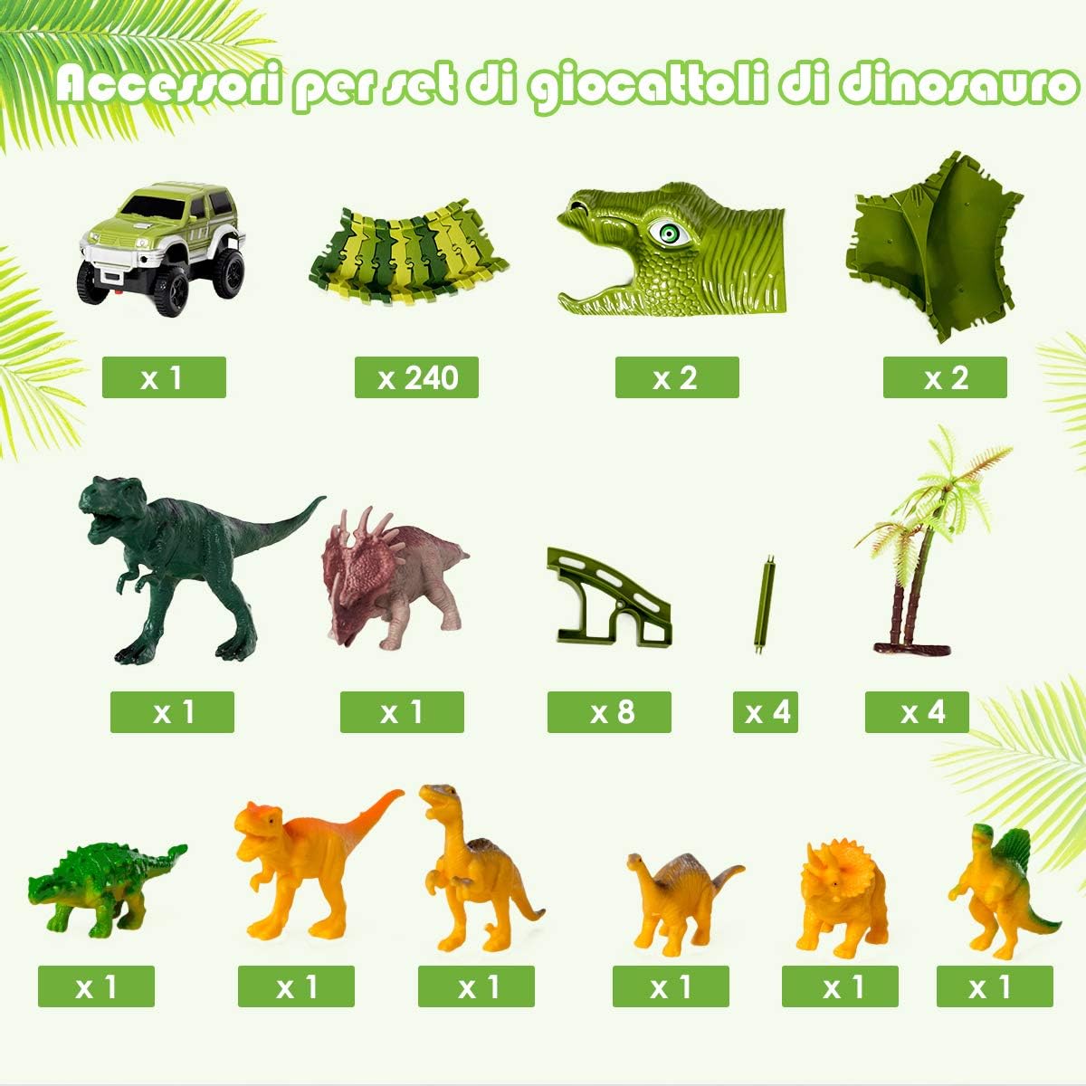 Pista con 261 Pezzi e Macchinina, Macchinina Elettrica e Dinosauri, Set con Pista per Macchinine per Bambini, Dinosauro 3+ Anni