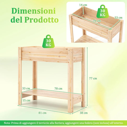 Letto da Giardino Rialzato, Fioriera Elevata con Mensola di Stoccaggio, Drenaggio, Orto in Legno Fiori, Erbe e Verdure per Giardino, Cortile e Patio, 81 x 38 x 77 cm