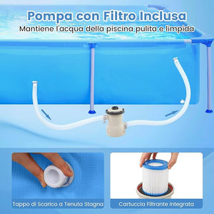Piscina Fuori Terra, Piscina Rettangolare Grande con Pompa Filtro, Cartuccia e Struttura in Metallo, per Esterni per Bambini e Adulti, Capacità 2612 L, 258 x 179 x 66 cm