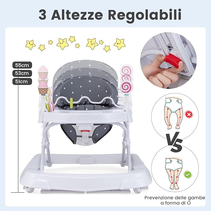 Girello per Bambini, Girello Pieghevole con Ruote, Altezza Regolabile su 3 Livelli, Cuscino del Sedile Rimovibile, per Bambini 6-36 Mesi (Grigio)
