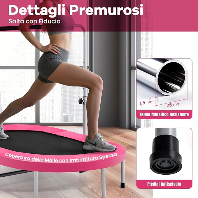 Trampolino Elastico da Interno ed Esterno, Tappetino Elastico Pieghevole per Adulti e Bambini con Maniglia Regolabile, Molle e Cuscinetto di Sicurezza, Trampolino Ovale per 2 Persone