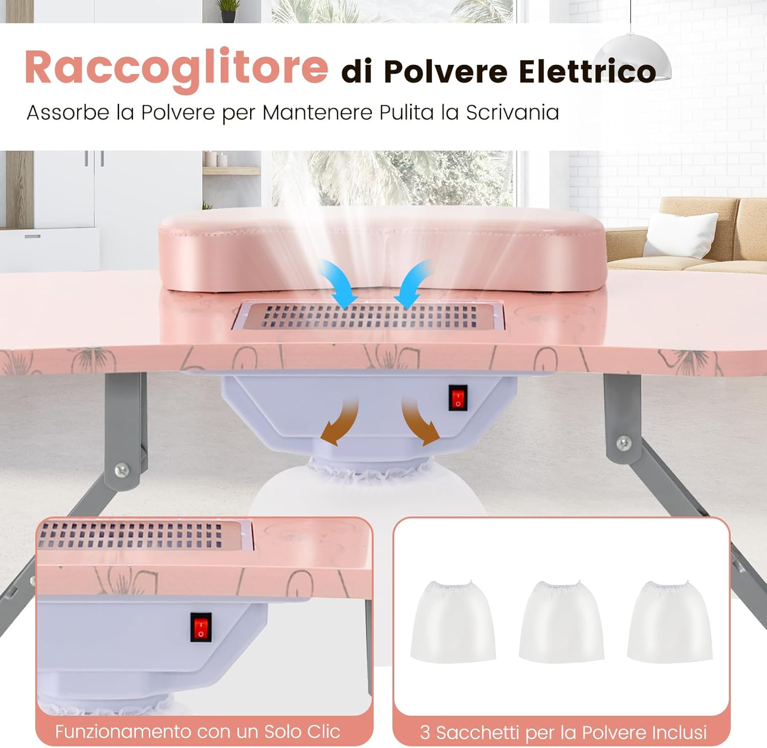 Tavolo per Manicure Pieghevole con Aspiratore, Tavolo per Unghie Portatile con Luce LED Regolabile, Cuscino Poggia Polso Rimovibile, Borsa da Trasporto e 4 Ruote Bloccabili (Rosa)