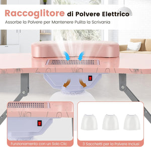 Tavolo per Manicure Pieghevole con Aspiratore, Tavolo per Unghie Portatile con Luce LED Regolabile, Cuscino Poggia Polso Rimovibile, Borsa da Trasporto e 4 Ruote Bloccabili (Rosa)