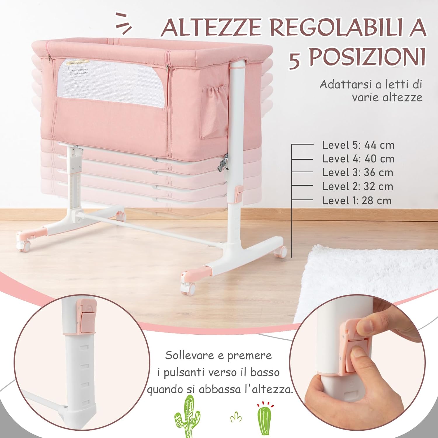 Culla Neonato Fianco Letto 3 in 1, Lettino Dondolo Neonati con Materasso, Culla da Campeggio con Ruote e Borsa, Regolabile In Altezza, Inclinazione di 10°, per Bambini 0-6 Mesi (Rosa)
