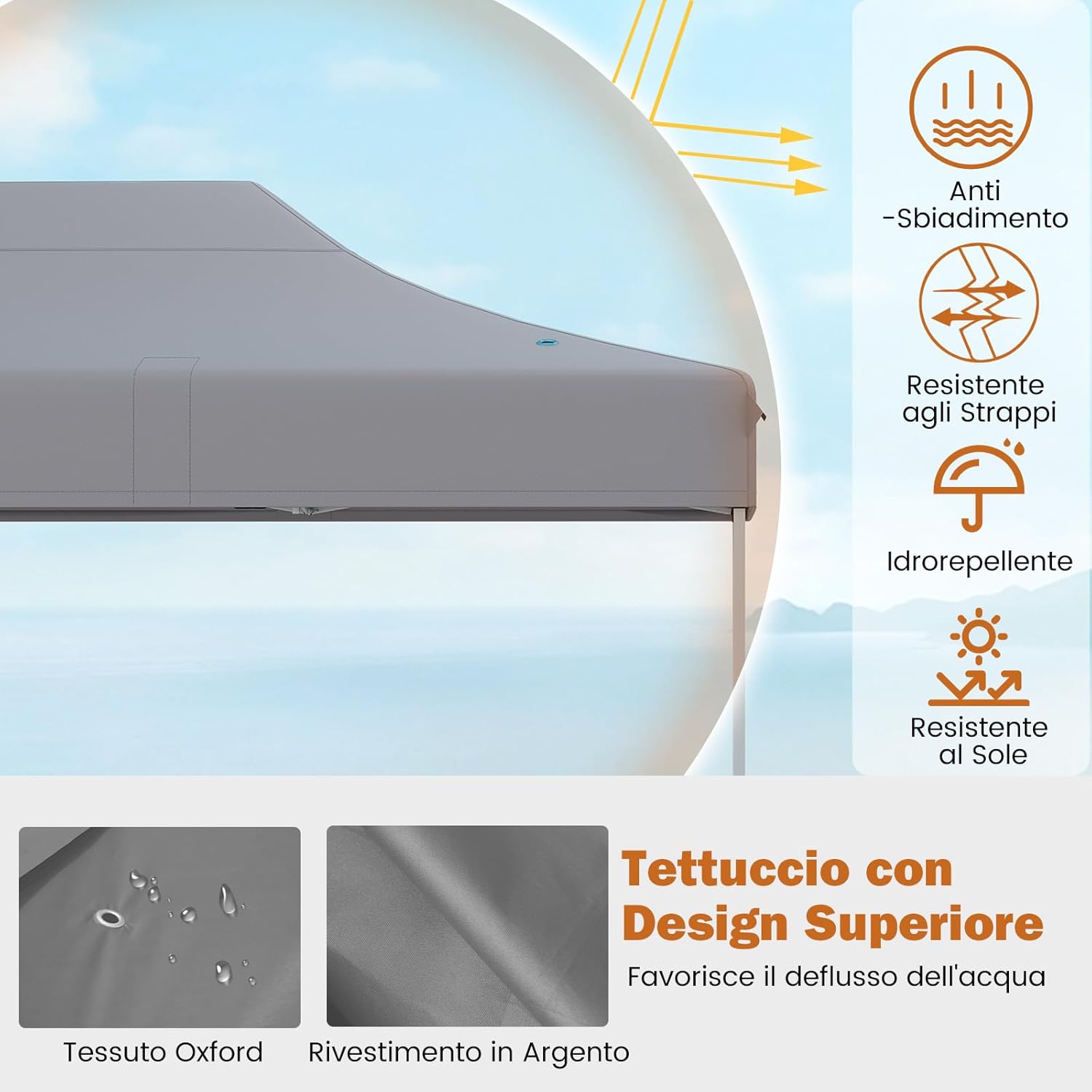 Gazebo Pop-up Pieghevole 3 x 4,5 m, Gazebo da Giardino Impermeabile Altezza Regolabile con Fori di Drenaggio, Tenda da Giardino Antivento con Borsa di Trasporto a Ruote (Grigio)