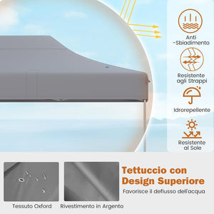 Gazebo Pop-up Pieghevole 3 x 4,5 m, Gazebo da Giardino Impermeabile Altezza Regolabile con Fori di Drenaggio, Tenda da Giardino Antivento con Borsa di Trasporto a Ruote (Grigio)