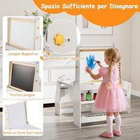 Set Tavolo e Sedia per Bambini, Tavolo in Materiale Sicuro con Lavagna e Sedia, Lavagna Bianca, Rotolo di Carta, 2 Ripiani Aperti e Libreria a 2 Ripiani, Ideale per Disegno (Grigio)